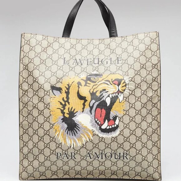 Gucci Beige GG Supreme Coated Canvas Tiger Print Tote Bag - Picture 1 of 8